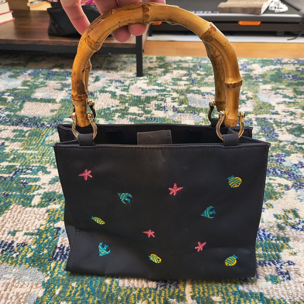 Tiannl Navy Blue Tote with Bamboo Handles and Colorful Sea Creature Embroidery